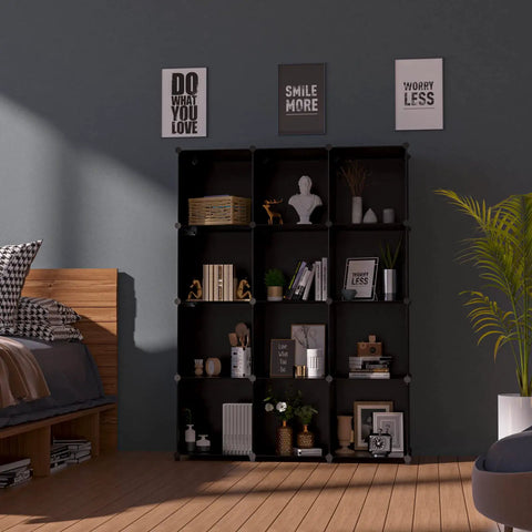12 Cube Storage Organizer for Closet and Home, DIY Assembly with Wooden Hammer, Black Plastic Square Shelves in bedroom setup
