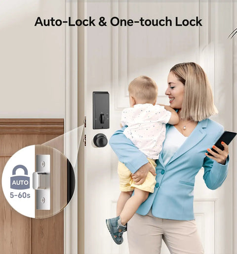 Smooth Operator Wifi Smart Door Lock With Polished Matte Black Knob and Lightning Quick Fingerprint Scanner Plus No Sweat App Setup Keyless Entry For Airbnb Hosts installed on door with woman holding child.