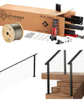 Slick Steel Cable Railing Kit For Stair Handrails With Pre Drilled Base Mounts Includes All Solid Hardware For Hassle Free Diy Installation White 18 Foot 42 Inch System components including tools, fittings, and cable on display.