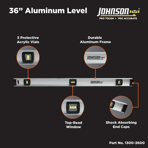Image showing 36 Inch Aluminum Level with black I Beam Frame, top read window, quick change vial covers, durable acrylic vials.