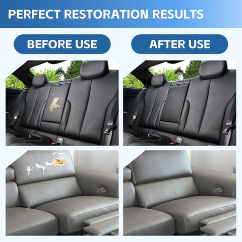 Premium Self Adhesive Leather Repair Patch For Couch And Sofa Easy Peel Vinyl Furniture Wrap No Sweat Scratch Rescue Tape Durable Upholstery Kit That Keeps Your Gear Looking Fresh As New before and after application on leather seats.