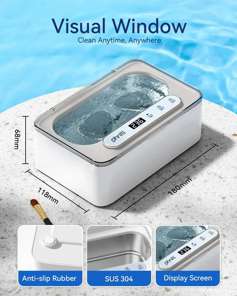 Ultrasonic Jewelry Cleaner Pro 47kHz Deep Cleaning Machine With Three Cleaning Modes For Retainers Mouth Guards Watches Rings Diamonds White Dope Cleaning Power on countertop with water inside