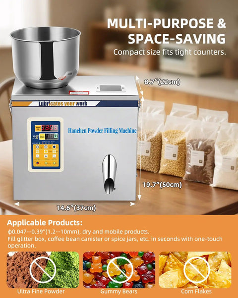 Ditch The Messy Spills With This Dead On Accurate Digital Powder Filler And Auto Granule Dispenser with a metal bowl on top for quick bulk packaging.