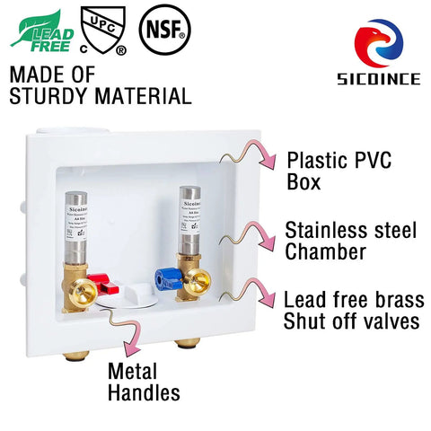 Washing Machine Outlet Box With Water Hammer Arrestor And One Quarter Turn Ball Valves Stop Hammering Noise Easy Install Inlet Half Inch Push To Connect Outlet Three Quarter Inch Male Thread Durable Brass Construction showing PVC box, metal handles, stainless steel chamber, and brass valves.