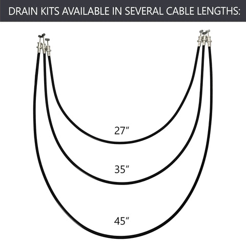 Drain kits in 27, 35, and 45 inch lengths, featuring black cables for sinks, suitable for plumbing projects.