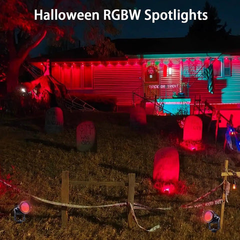 Color Changing Outdoor Spotlight Kit With Remote Control 10W RGBW LED Landscape Lights illuminating Halloween scene