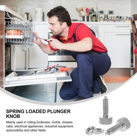 Heavy Duty Stainless Steel Spring Plungers Two Pack With Knurled Handle For Quick Snap Locking No Sweat Self Retracting Pins That Grip Tight For Toolboxes Molds And Tough Job Site Projects with a technician fixing an appliance.