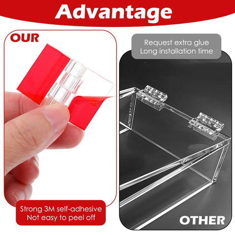 Comparison of 20 Pcs Self-Adhesive Clear Acrylic Hinges 35x25mm and traditional hinges on display case