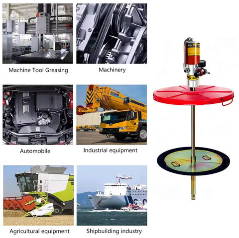 Heavy Duty Pneumatic Grease Pump With 16Ft High Pressure Braided Hose Plus Quick Connect Drum Plate For 55Gallon Barrels displayed with various machinery and vehicles.