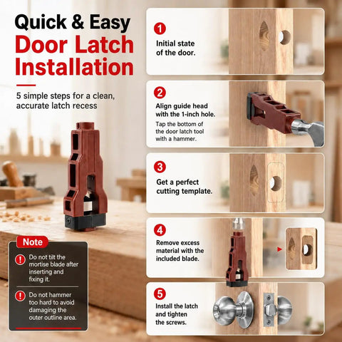 Quick and easy door latch installation guide steps with No Sweat Two In One Door Hinge And Lock Installation Jig.