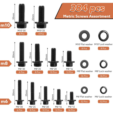 All In One Flange Bolt Set With 384 Piece Metric Assortment M6x1.0 M8x1.25 M10x1.5 Bolts 12mm To 30mm Grade Ten Point Nine