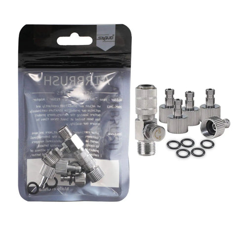 Airbrush Quick Release Disconnect Coupler Kit With Adjustable Valve Easy Connect No Screw Hassle Includes Four Extra Female Fittings And Five O Ring Set One Eighth Inch Male To One Eighth Inch Female Hose Connections, with visible components and packaging