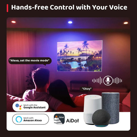 Room with Four Pack Smart 4 Inch Recessed RGBTW LED Downlights With WiFi App Control, voice-activated with Alexa and Google Assistant.