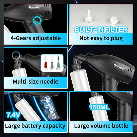 Lionbow Handheld Electric Paint Sprayer Gun with adjustable gears, multi-size needles, and large 150ML volume bottle.