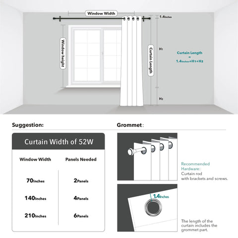 Diagram showing installation of Oeko-Tex Certified Sheer Foil Print Curtains 2 Panels With Grommet Top, size 52W x 63L inches.