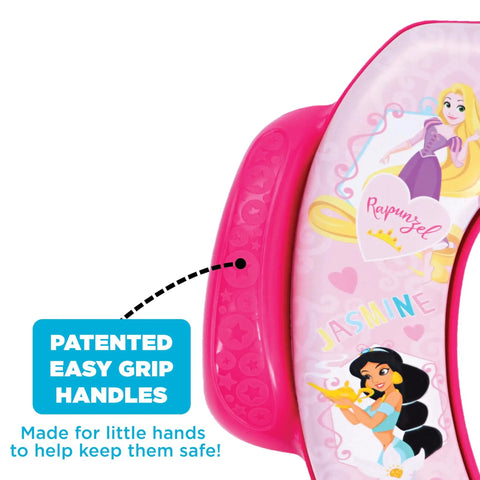 Toddler Potty Seat Featuring Disney Princess Loving Life Print With Lowkey Plush Cushion And Secure Grip Handles close-up of easy grip handles.