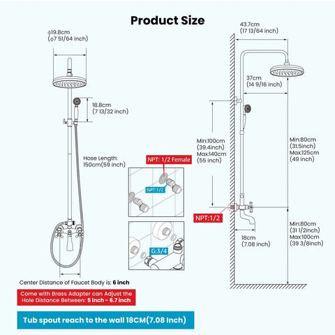 Diagram of 8 Inch Round Rain Shower Head Kit With Double Cross Handle Diverter Tub Spout Wall Mount Shower Fixtures.