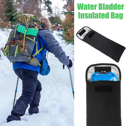 Hiker with backpack using 3L Hydration Bladder With Insulated Leakproof Reservoir For Backpacks, in snowy trail, with insulated bag detail
