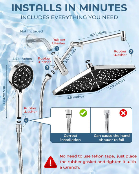 Ultra Wide Rain Shower Combo With Handheld High Pressure Chrome Finish Delivers Top Shelf Water Flow For Your Daily Bathroom Glow Up And Soothing Personal Care Sessions installation instructions and dimensions diagram.