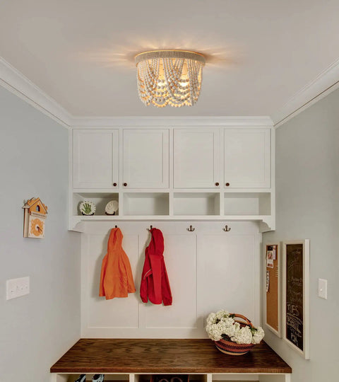 Boho Chic Wood Beaded Flush Mount Light Fixture in hallway, rustic farmhouse three light chandelier with hemp rope trim.