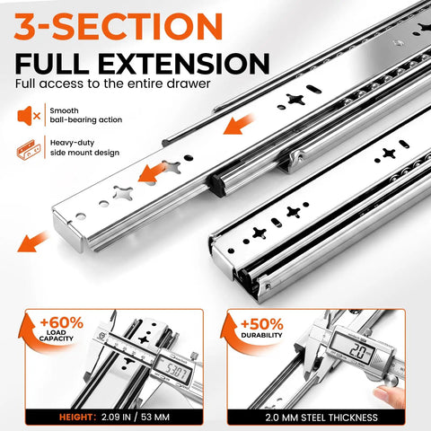 30 Inch Heavy Duty Side Mount Drawer Slides With 250 Lb Load Rating And Full Extension Pullout Rails For Pantries Garages And Rvs, showing smooth ball-bearing action and 2.09 in height.