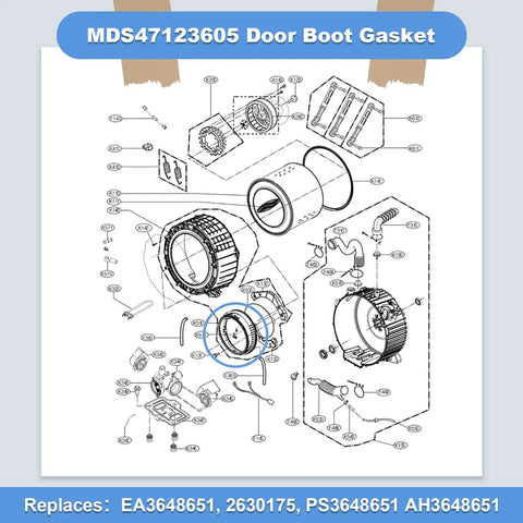 Replacement Door Boot Seal Gasket MDS47123605 For Front Load Washers diagram showing components and installation layout