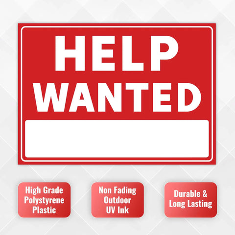 Red and white sign with bold text 'HELP WANTED'. Two Pack Help Wanted Signs 14 By 10 Inches 20 Mil Polystyrene Durable Indoor Outdoor Weatherproof Vibrant Colors For Your Biz Stores Restaurants Hiring Now.
