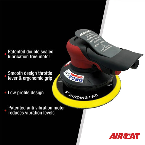 Heavy Duty 6 Inch Pneumatic Palm Sander 3/8 Orbit 11000 Rpm With Hook And Loop Pad Sealed Lubrication Free Motor close-up with grip and pad details.