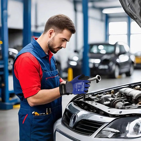 Mechanic wearing Cut Resistant Work Gloves A4 ANSI Nitrile Sandy Coated Waterproof Touchscreen Compatible For Heavy Duty Jobs