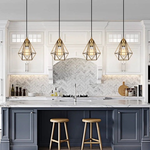 2 Pack Plug In Pendant Lights Matte Gold Vintage Brass Cage Fixtures With 15 Ft Cord And On Off Switch over kitchen island.