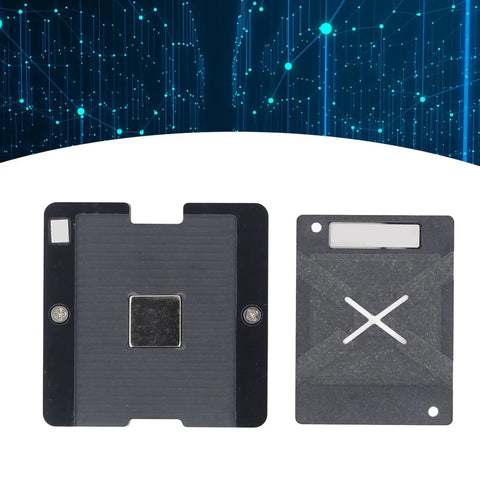 Six In One BGA Reballing Stencil Kit With Stainless Steel Magnetic Jig in front of blue digital background
