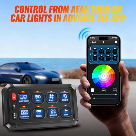 8 Gang Bluetooth Switch Panel With App Control showing RGB lighting control on smartphone app next to car and switch panel