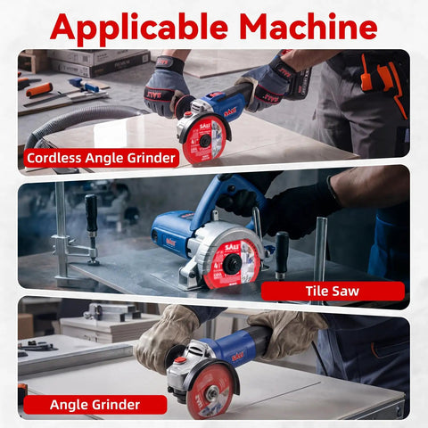 Four Point Five Inch Diamond Blade For Angle Grinder Cutting Concrete Tile Marble Granite And Glass shown on cordless angle grinder, tile saw, and angle grinder.