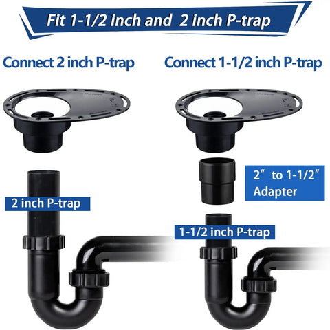 Diagram of Freestanding Tub Drain Rough In Kit With Brass Pipe And ABS Pipe For Freestanding Bathtubs CUPC Certified Includes Drop In Plate Brass Tailpiece ABS Adapter Overflow Gasket Lubricant And Super Easy Install Instructions showing P-trap connection and adapter sizes.