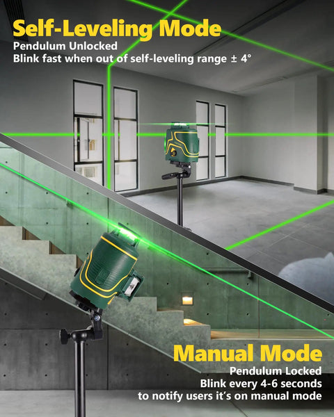 Three-Plane 3D Laser Level Kit With 3x360 Self-Leveling Green Cross Lines on stairway setup