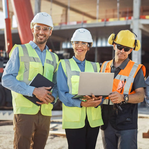 Construction workers wearing high visibility vests and hard hats, with one holding a laptop, illustrating eyewear use in safety contexts.