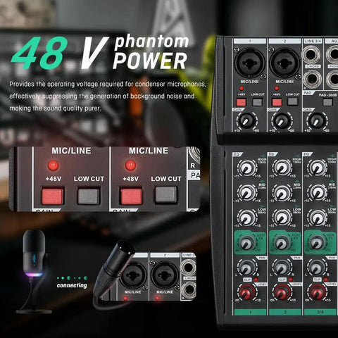 Close-up of controls on a 4 Channel DJ Mixer With Bluetooth, USB MP3 Input, 256 DSP, 48V Phantom Power.