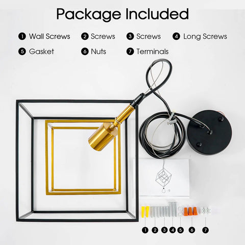 Package contents of Dope Modern Geometric Cube Chandelier Pendant Light in Black Brass for Kitchen Island and Entryway