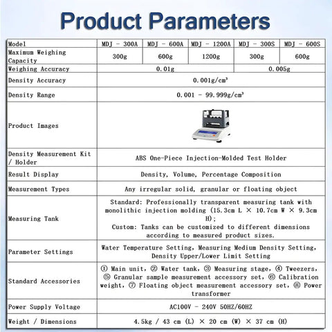 Digital Gold Purity Tester Machine High Precision Density Meter With LCD Display showing product parameters and specifications.