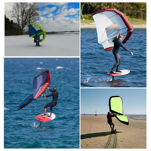 Inflatable Wing Foil for Wind Wing Foiling and Surfing in action across snow, water, and beach environments, featuring handheld use
