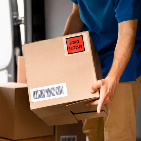Top Shelf 4x5 Packing List Envelopes With Red Invoice Face and Easy Peel Seal Closure on a package being handled.