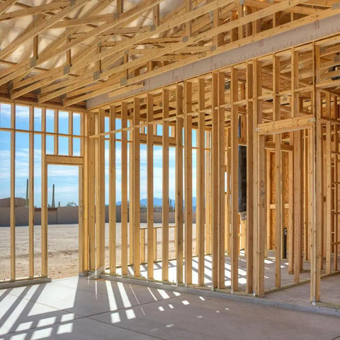 Framed structure built with 21 Degree Plastic Strip Round Head Framing Nails Bright Coated 3 In By 0.120 In Collated.