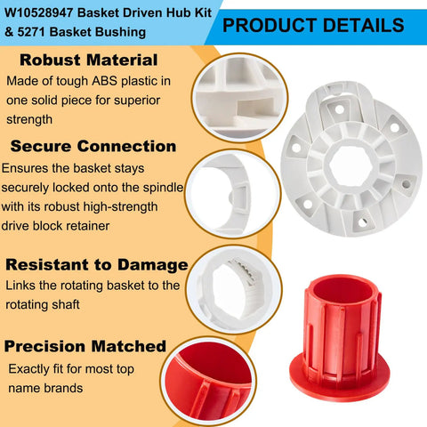Washer Basket Driven Hub Kit With Bushing Assembly For Whirlpool Maytag Kenmore Washers Replacement W10528947 52719 AP5665171 2684908 Easy Install Ready To Roll, white ABS and red bushing parts