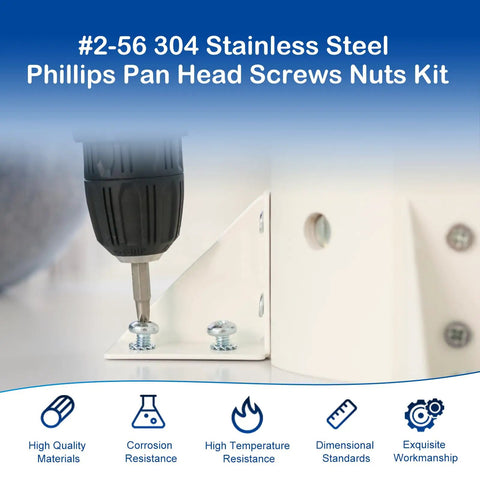 350 Piece 2-56 Phillips Pan Head Machine Screws Set In 304 Stainless Steel, being installed with a drill on a metal bracket.