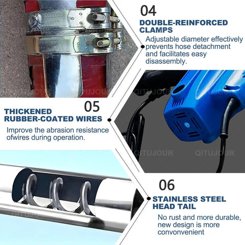 1500W Electric Grain Suction Pump with stainless steel head, double-reinforced clamps, and rubber-coated wires detail