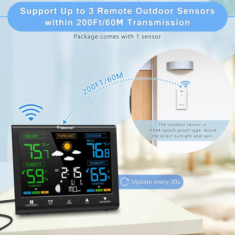 Wireless Remote Outdoor Sensor For Weather Stations, Outdoor Temperature And Humidity Monitor, 200 Ft Transmission shown in use