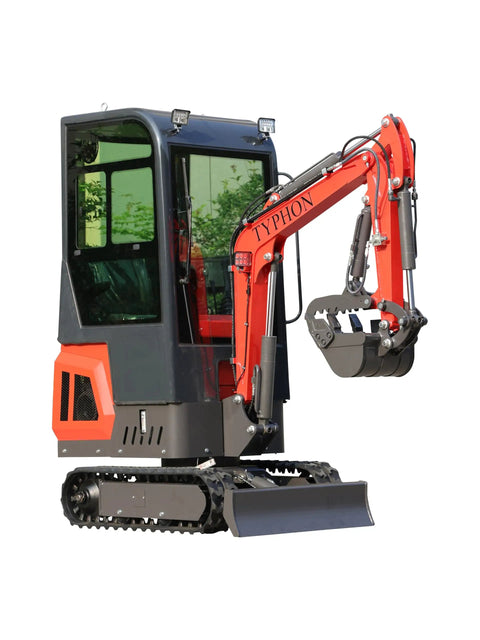 Compact 1.1 Ton Mini Excavator With Enclosed Cab And Hydraulic Thumb Attachment showing tracked design and bucket operation.