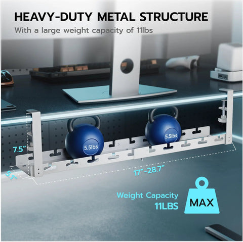 Extendable Under Desk Cable Management Tray With Clamp On Cord Organizer For Office And Gaming Setups, Extends From 17 To 28.7 Inches, White Metal Keeps Cables Sorted And Handles Up To 11 Lbs