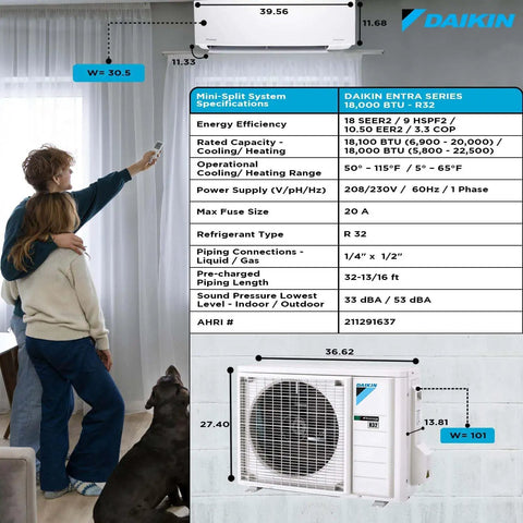 18000 BTU Ductless Heat Pump Mini Split Air Conditioner With R32 Refrigerant on wall, remote control, specifications visible.