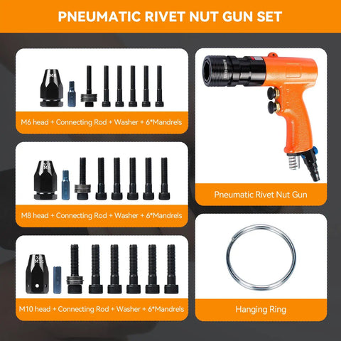 Pro Grade Pneumatic Rivet Nut Tool Kit With Quick Change Gun Head For M6 M8 M10 Mandrels Self Locking Head Air Rivnut Gun Includes Washers And Multiple Mandrels For Fast Reliable Rivnut Assembly, displayed with components.